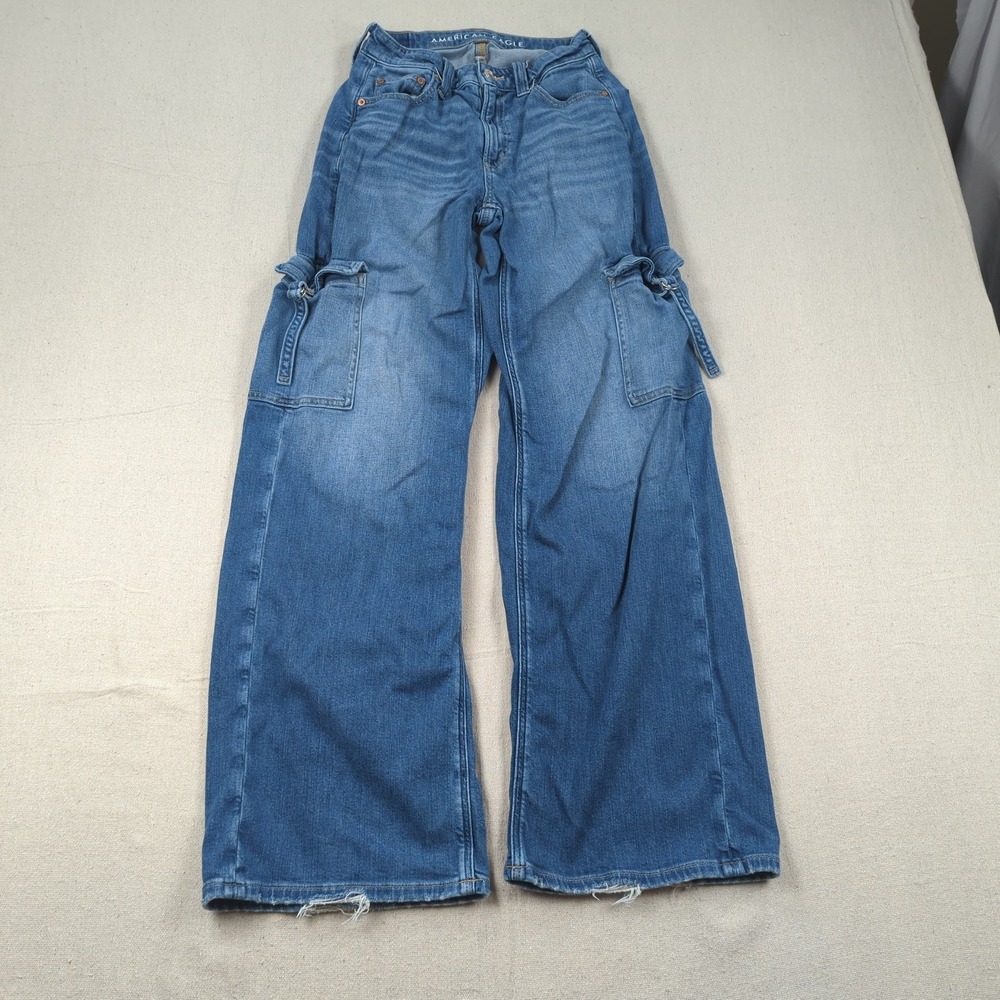 American Eagle Jeans Womens 000 Blue Super High Rise Baggy Wide Leg Cargo